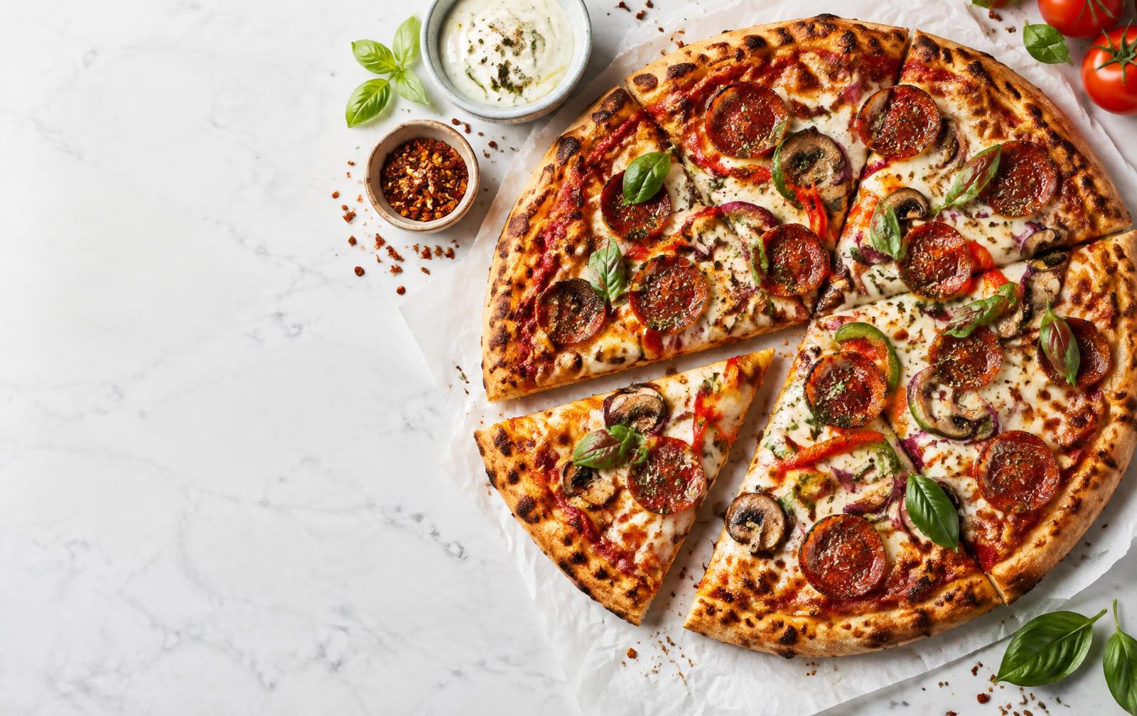 Freshly baked pepperoni and vegetable pizza with dipping sauce